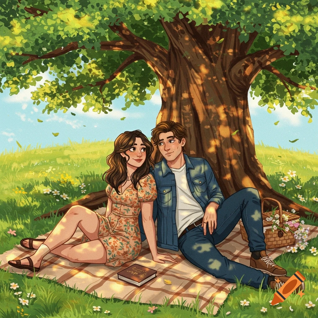 An illustrated couple sits on a picnic blanket under a large tree in a sunny field.