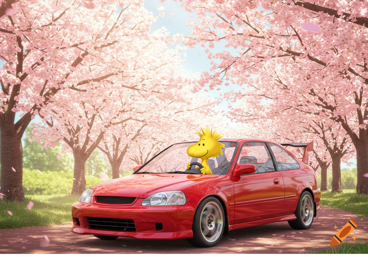 Woodstock driving a red Honda Civic on a path lined with pink cherry blossom trees, with petals falling.