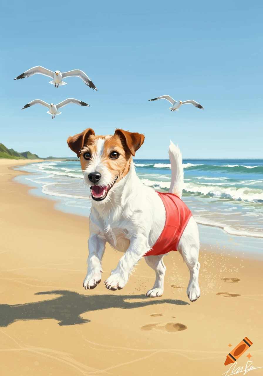 A happy Jack Russell dog in a red swimsuit leaps on a sunny beach, with seagulls flying overhead and waves in the background.