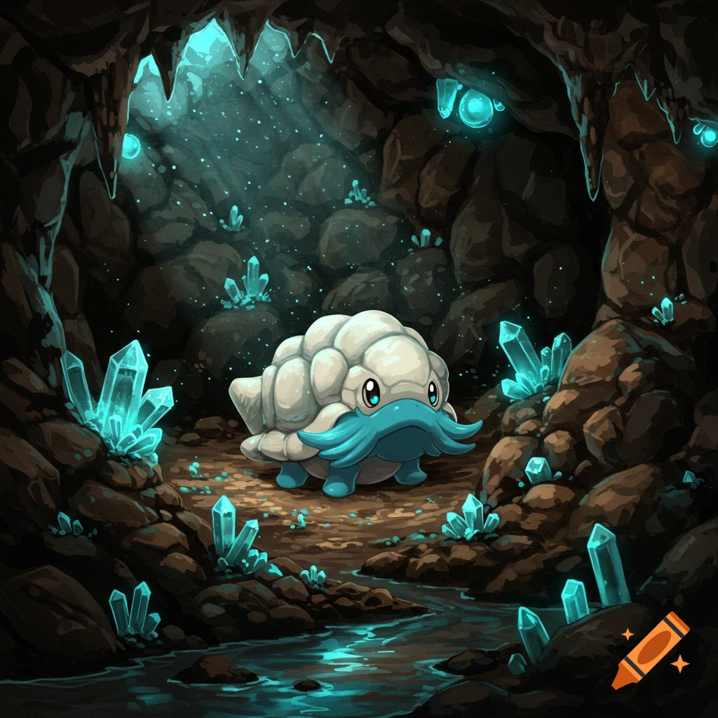 A cute, white shelled creature with a blue mustache and small eyes stands in a glowing crystal cave with a stream. The creature resembles a Pokemon.