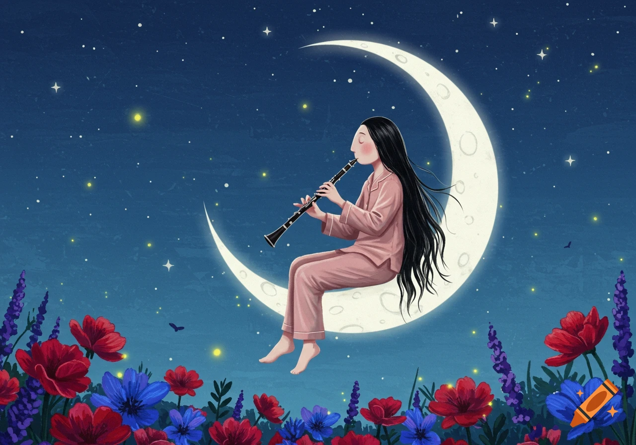 An illustrated person in pink pajamas with long black hair plays a clarinet while sitting on a crescent moon in a starry night sky, with a colorful flower garden below.