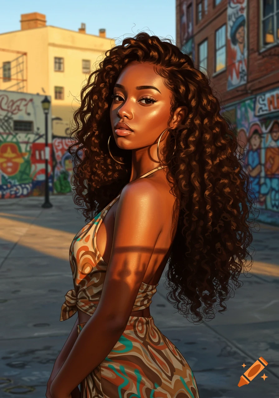 Digital illustration of a young Black woman with long curly hair, hoop earrings, and a patterned outfit in an urban setting.