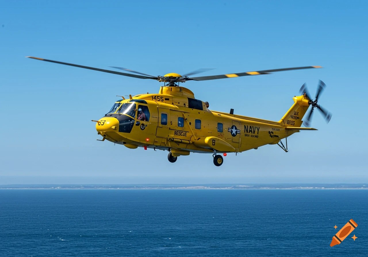 A bright yellow rescue helicopter with 'NAVY' and 'RESCUE' markings flies low over a blue ocean with land in the distance.