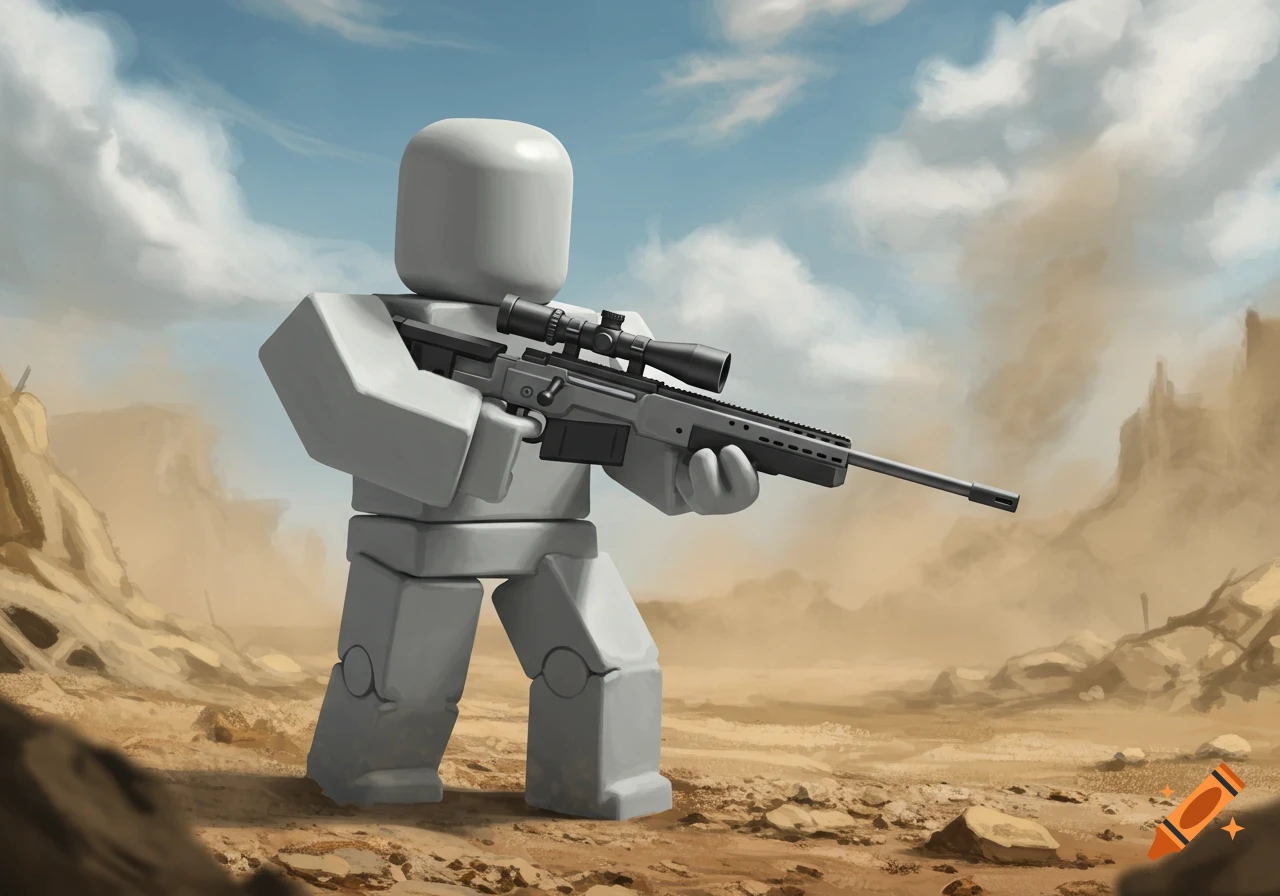 A blank grey Roblox character stands in a desert holding a sniper rifle under a cloudy sky.
