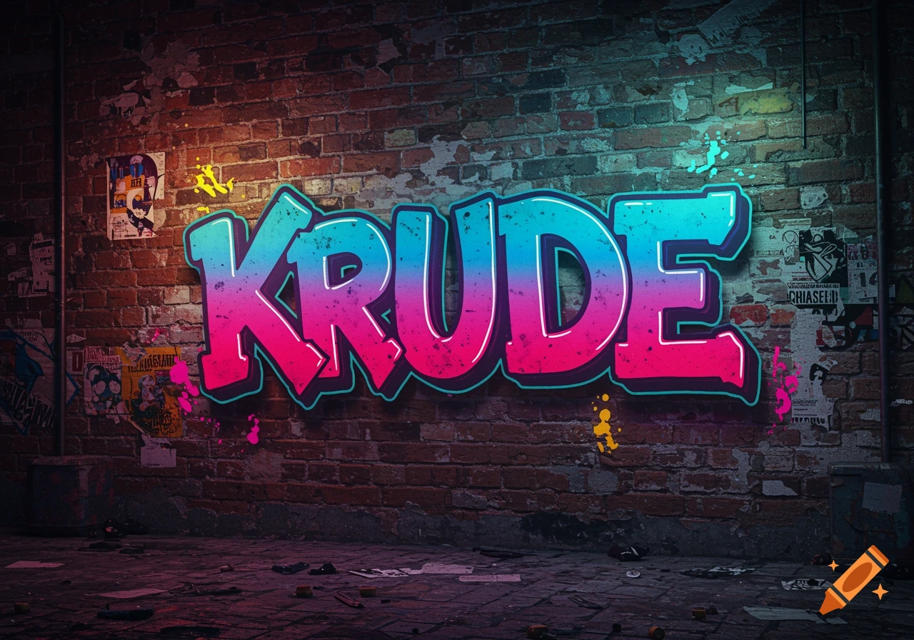Colorful graffiti art spelling 'KRUDE' on a dark brick wall in an urban setting.