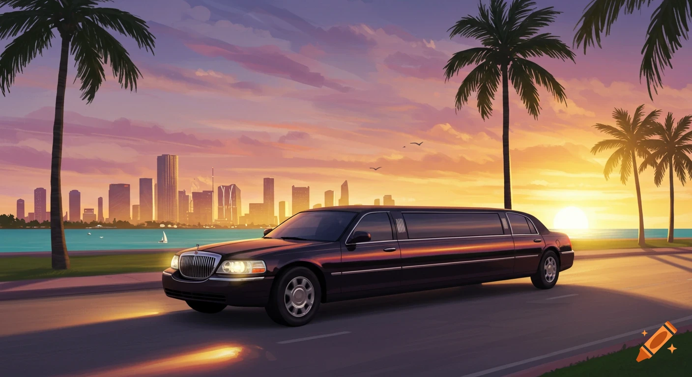 A black stretch limousine drives along a road next to a beach with palm trees and a cityscape during a vibrant sunset.