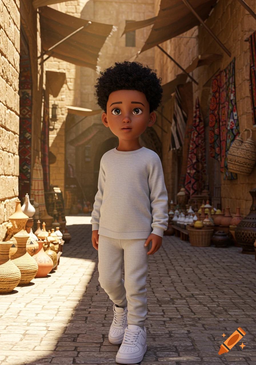 A photorealistic CGI image of a young boy with black curly hair and a grey sweatsuit walking through a bustling market alley.