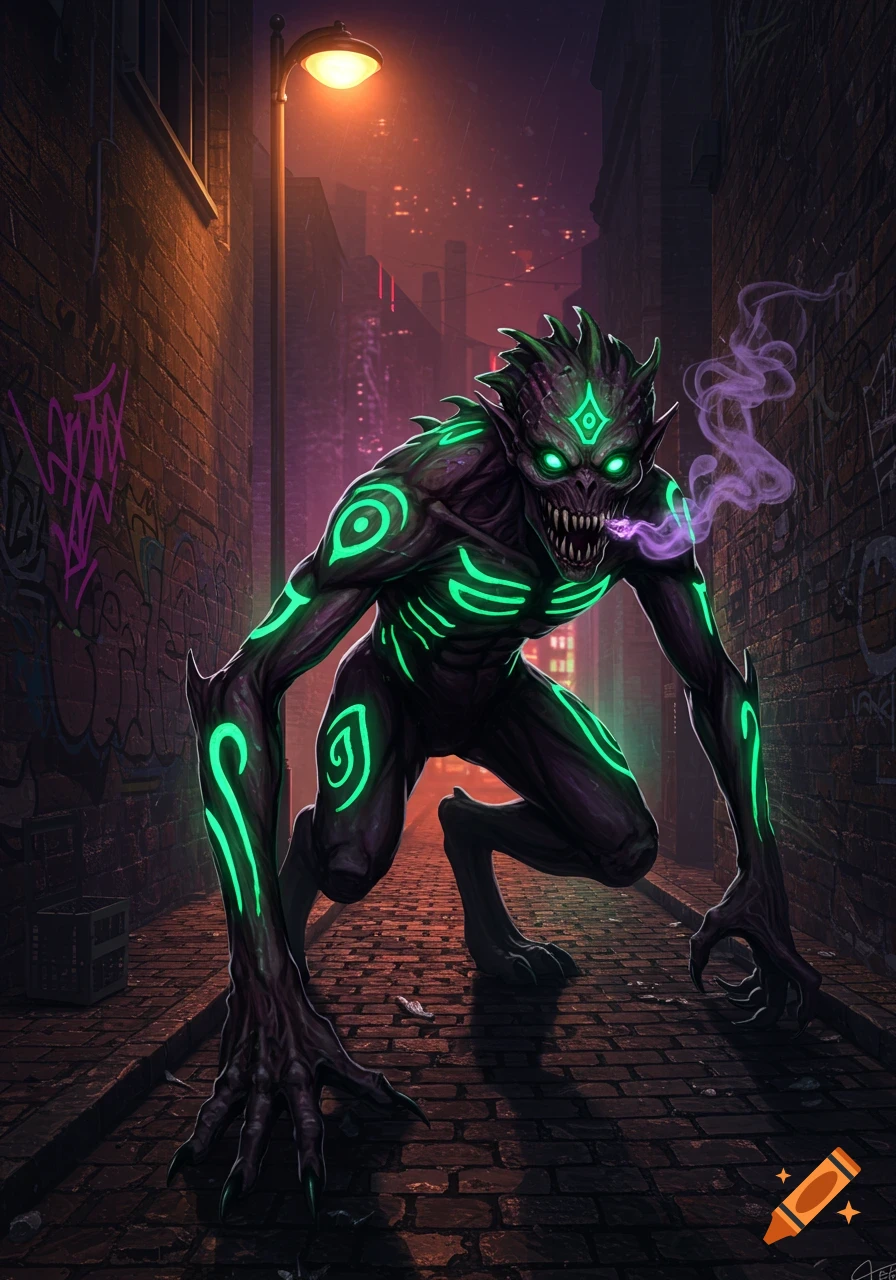 A menacing dark monster with glowing green markings and eyes crouches in a dark, graffiti-covered alley at night, exhaling purple smoke.
