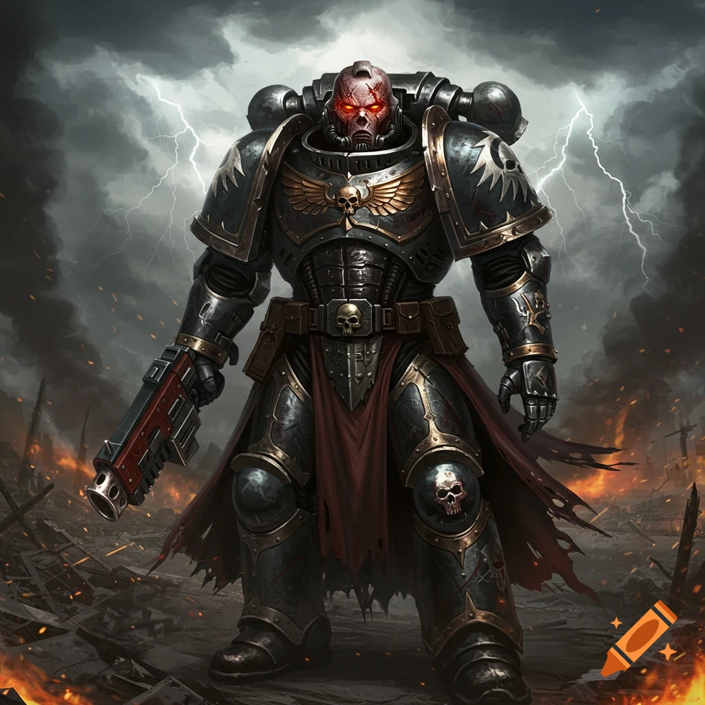 A heavily armored warrior with glowing red eyes and a scarred face stands in a desolate, burning landscape under a stormy, lightning-filled sky.