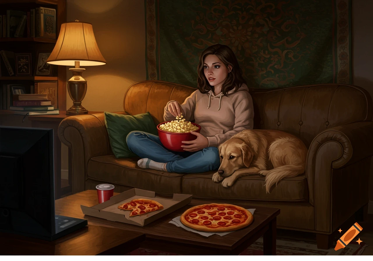 A young woman on a couch eats popcorn, with a golden retriever beside her, watching TV in a cozy living room with pizza on the table.