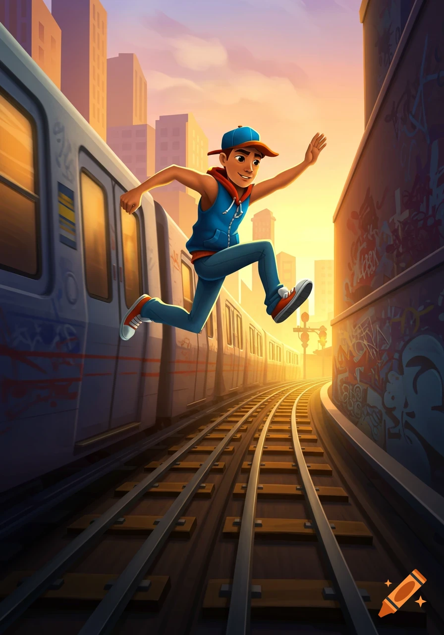 A stylized cartoon character, reminiscent of Subway Surfers, jumps over train tracks at sunset with city buildings in the background.
