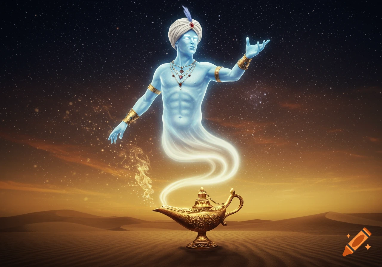 A blue genie with a turban and gold jewelry emerges from a golden lamp over a desert at night, under a starry sky.