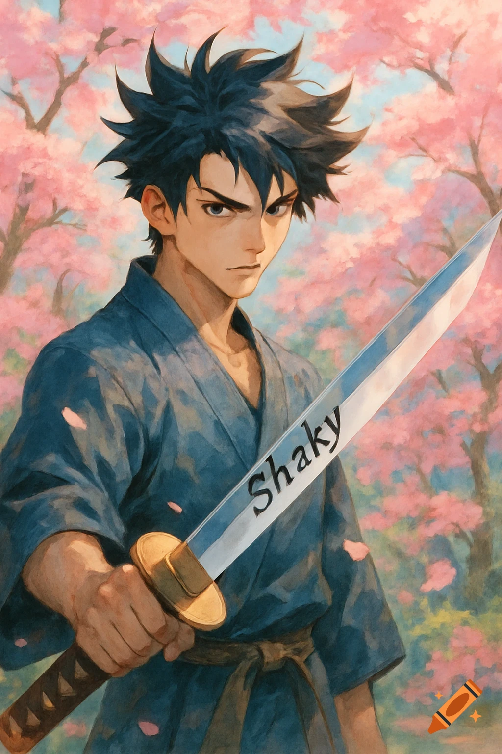 An anime character in a blue kimono holds a sword with "Shaky" engraved on it, with pink cherry blossoms in the background.