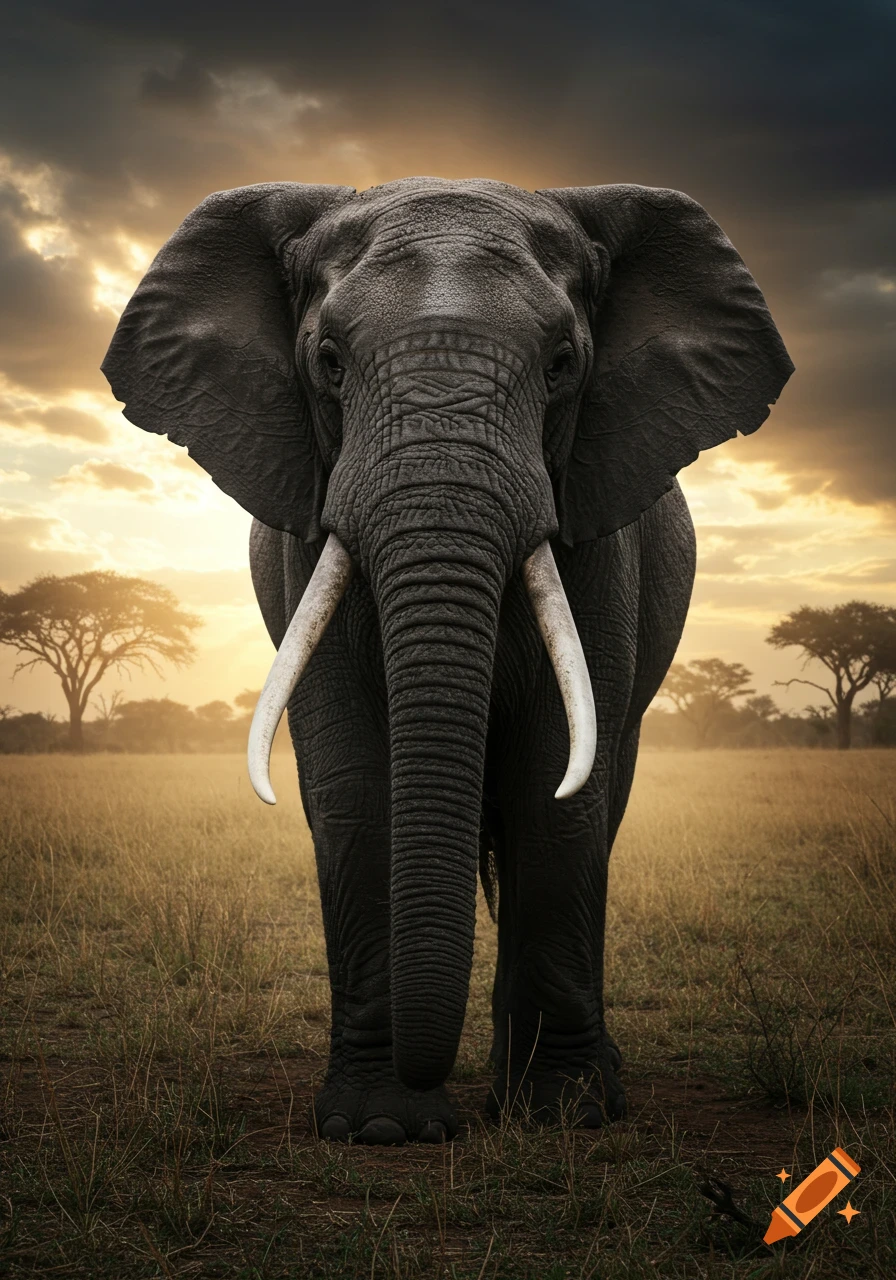A close-up, photorealistic front view of a large elephant with long tusks standing in a grassy savanna at sunset.