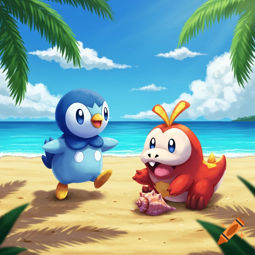 Piplup and Fuecoco, two cartoon Pokemon, on a sunny beach with palm trees and an ocean, next to a seashell.