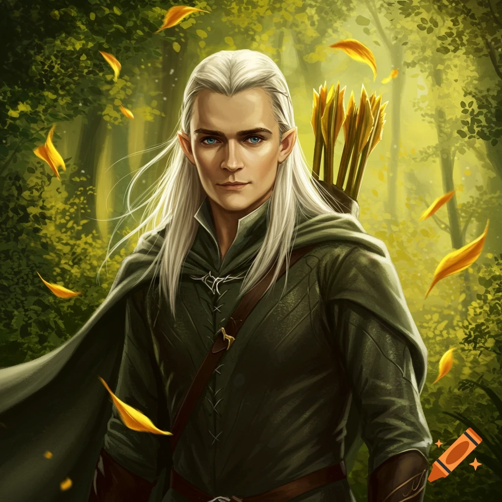 A male elf with long white hair and blue eyes, wearing a green tunic and cloak with a quiver of golden arrows, stands in a lush green forest with falling golden leaves.