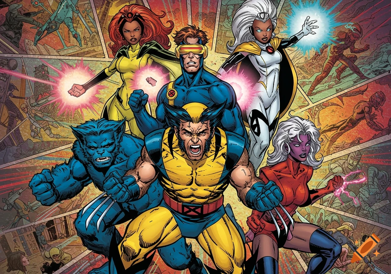 A group of Marvel X-Men superheroes including Wolverine, Cyclops, Storm, Jean Grey, Beast, and Psylocke, in a vibrant comic book style.