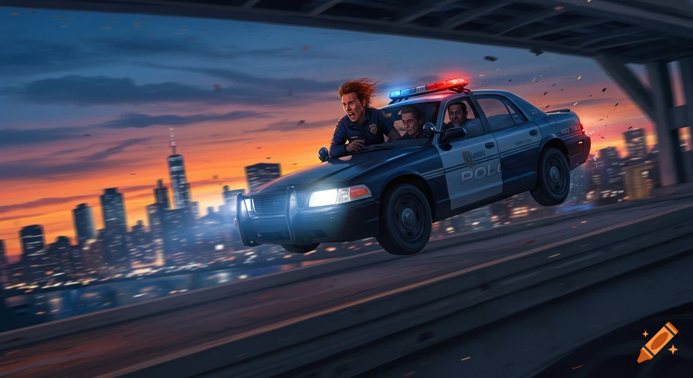 A police car with three officers flies dramatically off a bridge against a city skyline at sunset.