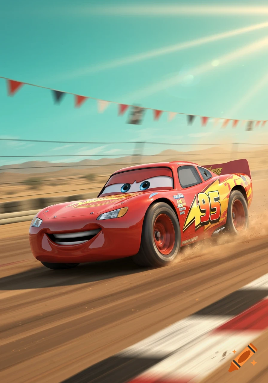 Lightning McQueen races on a dirt track, kicking up dust under a bright blue sky in an animated style.