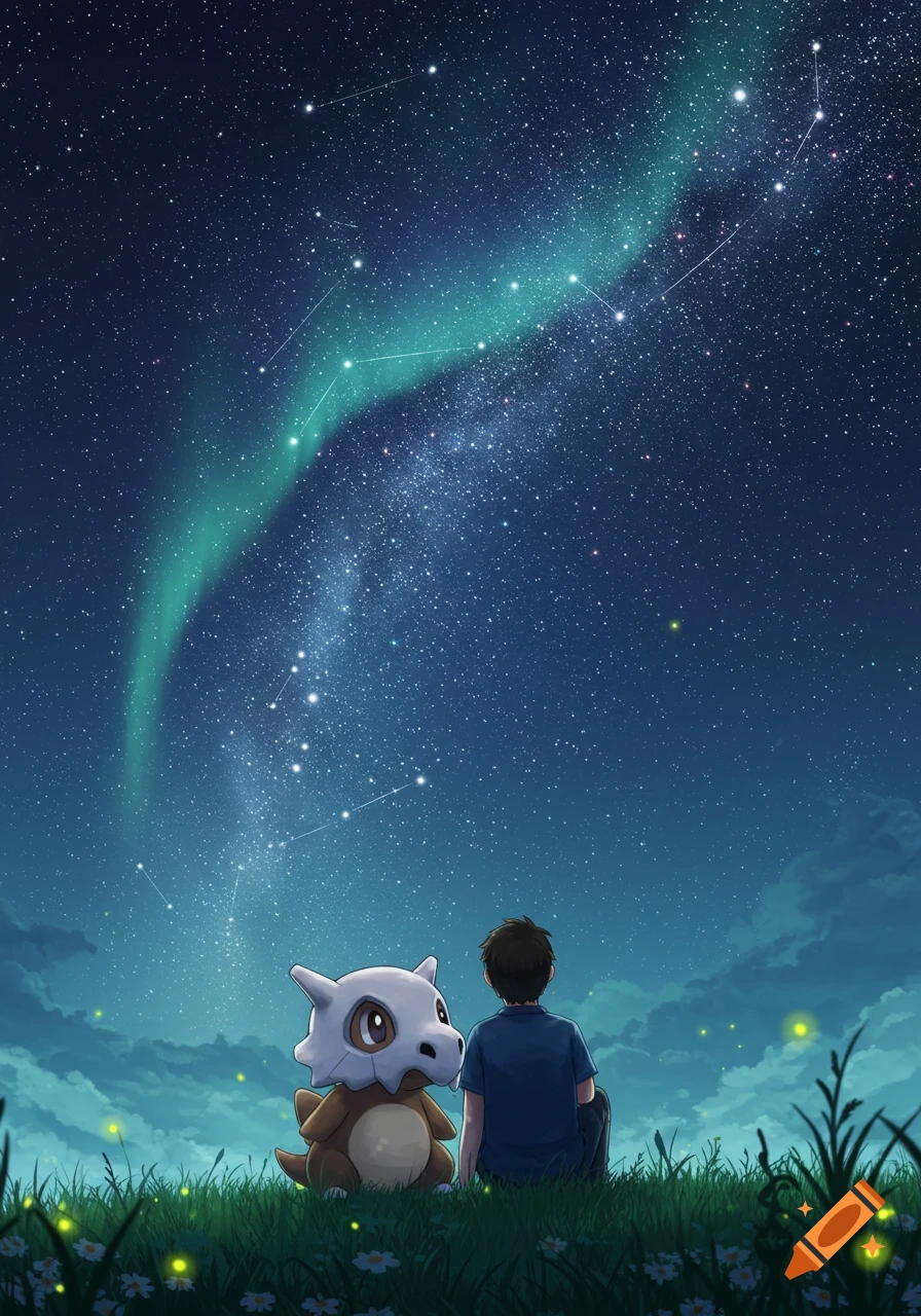 A boy and Cubone sit on a grassy hill, gazing up at a vibrant night sky with the Milky Way and aurora borealis.