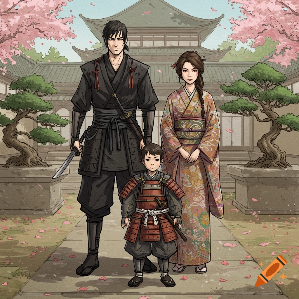A stylized drawing of a Japanese family: a ninja father, a woman in a kimono, and their young son in samurai armor stand in a courtyard with cherry blossoms and traditional buildings.