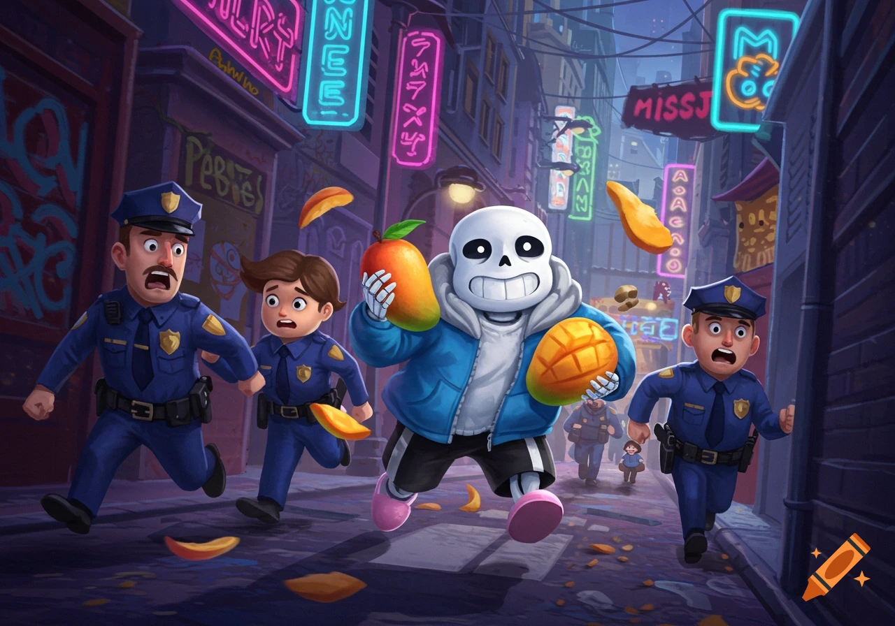 Sans the skeleton character runs away from two police officers in a city alley at night, holding two large mangoes.