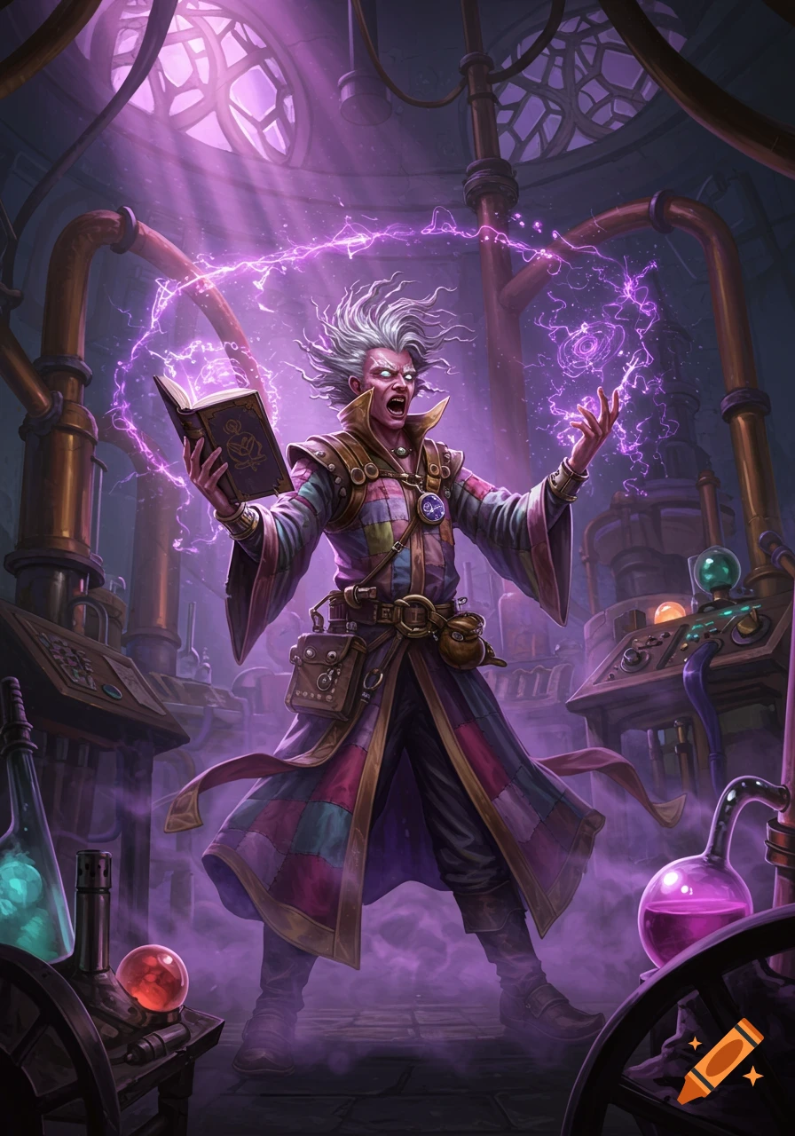 A mad alchemist with wild white hair casts a purple spell from a glowing book in a mystical laboratory.