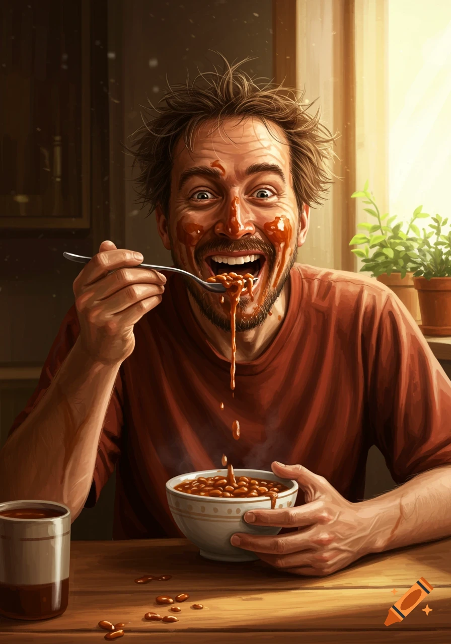 A photorealistic image of a man with a messy face doused in bean sauce, grinning widely as he eats beans.