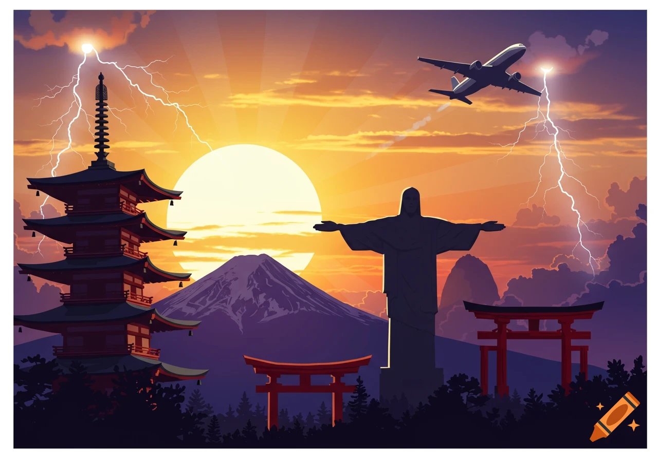 Artistic illustration blending Japanese and Brazilian landmarks under a sunrise with lightning and an airplane.