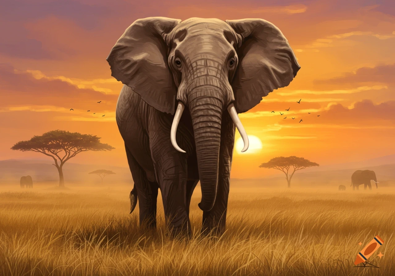An African elephant stands in golden savanna grass at sunset with acacia trees in the distance.