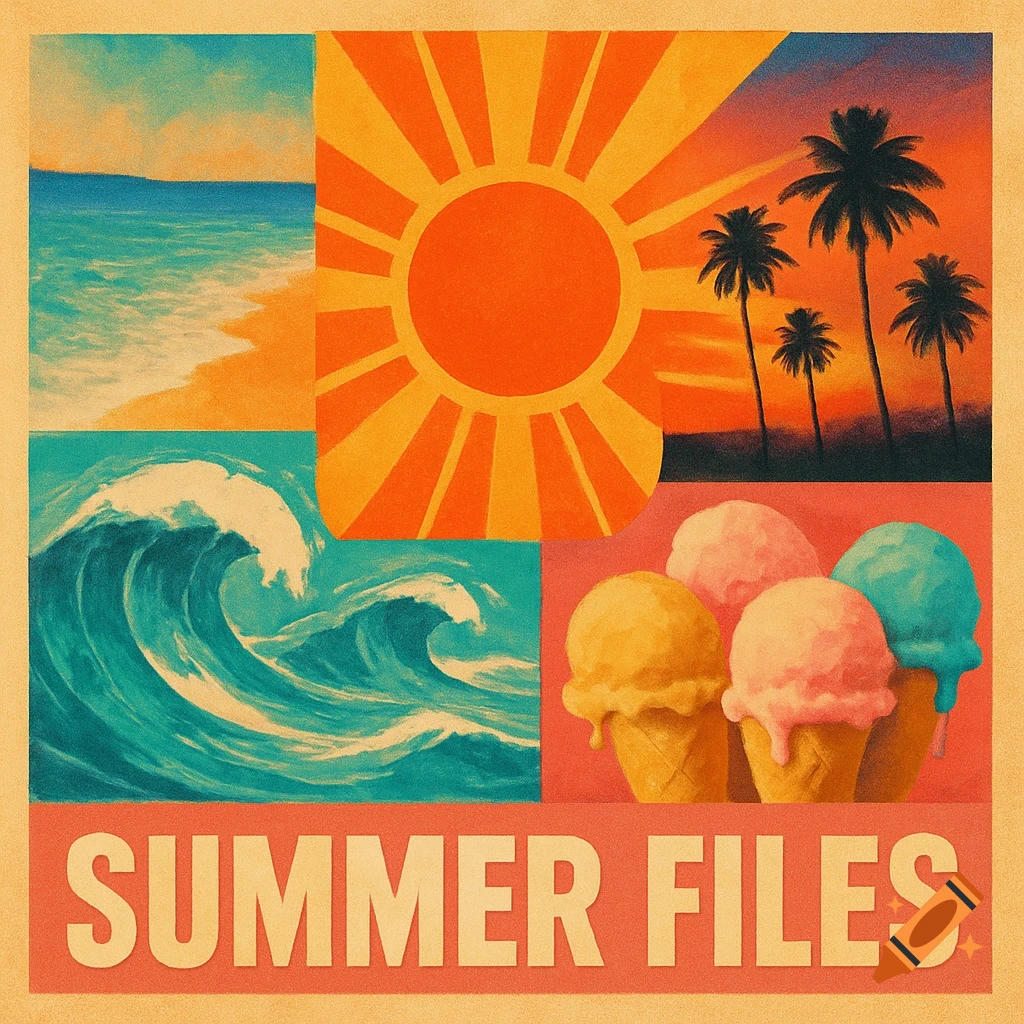 Retro style collage of summer scenes including a beach, sunset with palm trees, ocean waves, ice cream, and 'SUMMER FILES' text.
