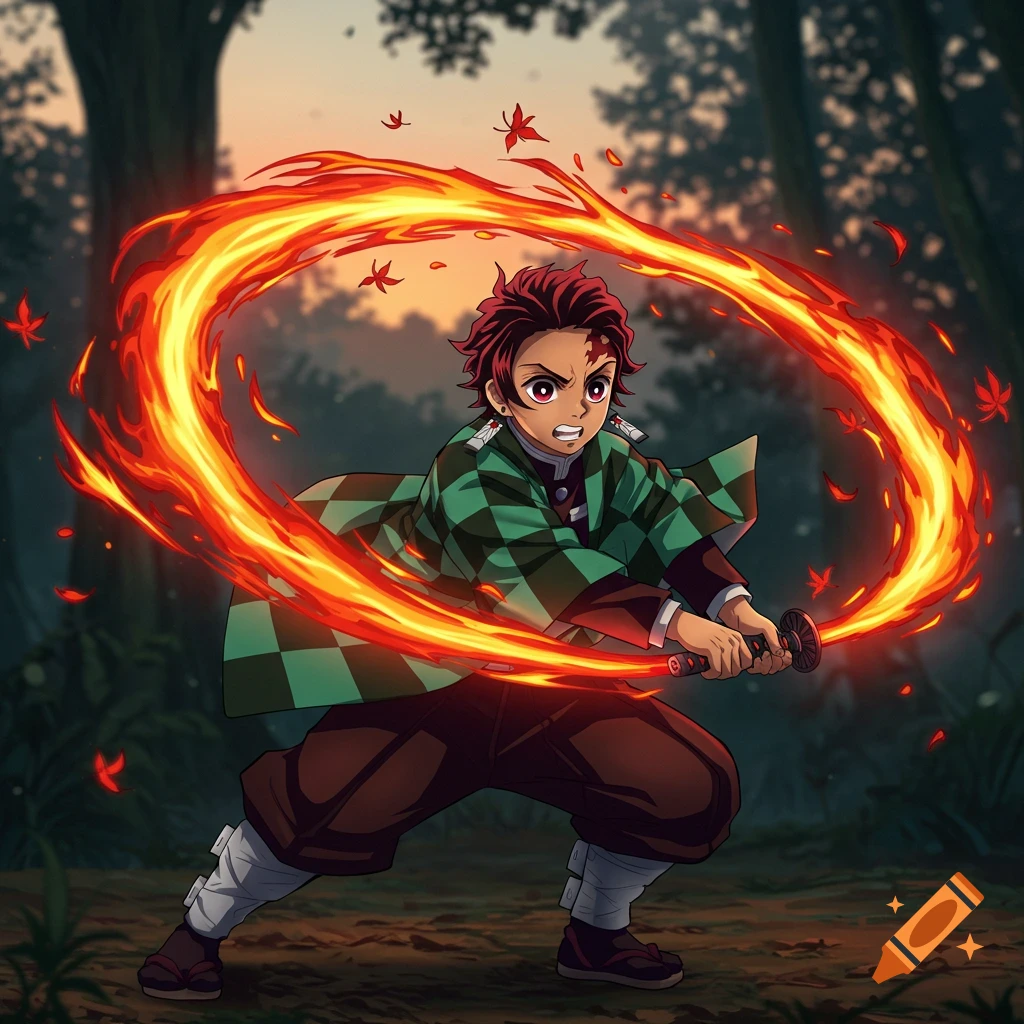 An anime character, Tanjiro, in a green checkered kimono, unleashes a fiery sword attack in a forest setting.