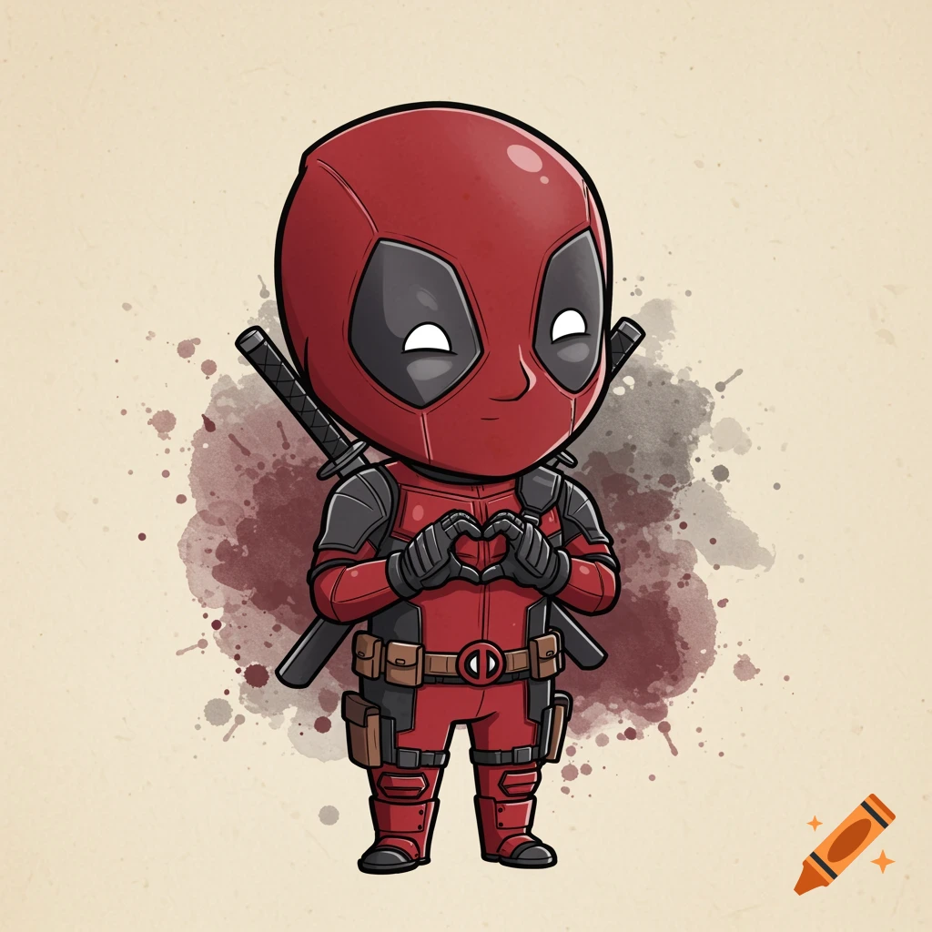 Chibi-style Deadpool character in a red and black suit, making a heart shape with his gloved hands, against a splattered watercolor background.