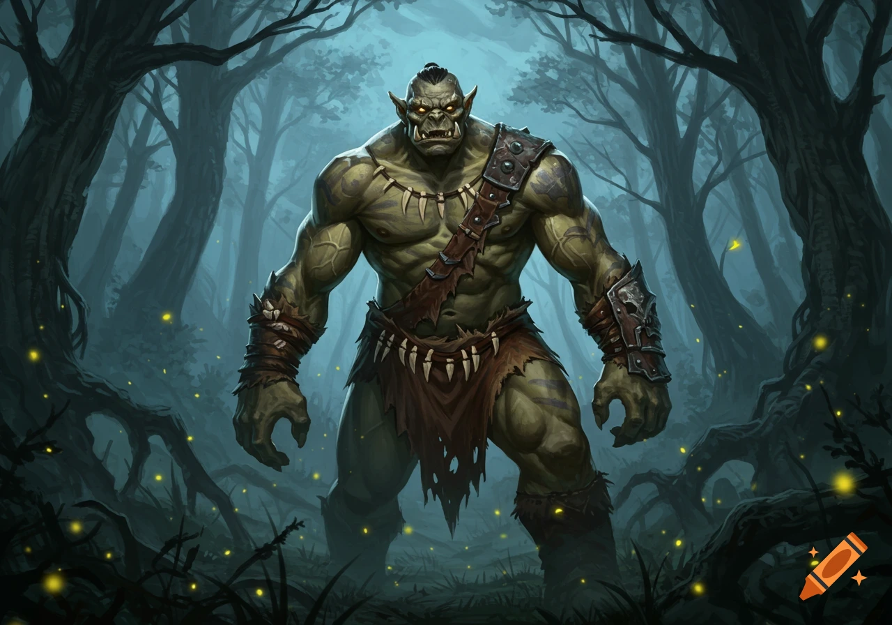 A muscular, green-skinned orc stands in a dark, misty forest illuminated by glowing lights in a detailed fantasy illustration.