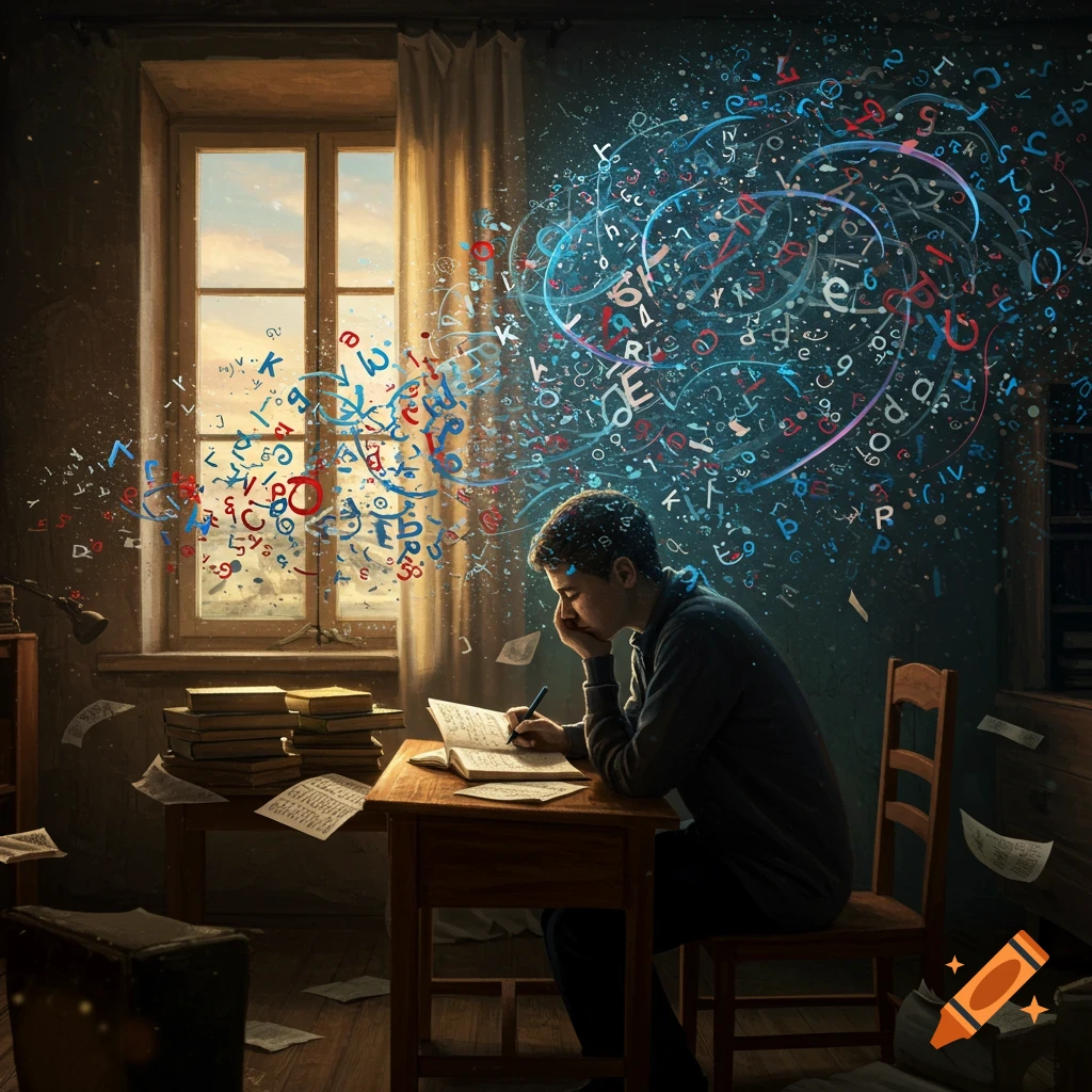A young person sits at a wooden desk writing in a book, while abstract, swirling letters and numbers emanate from their head.