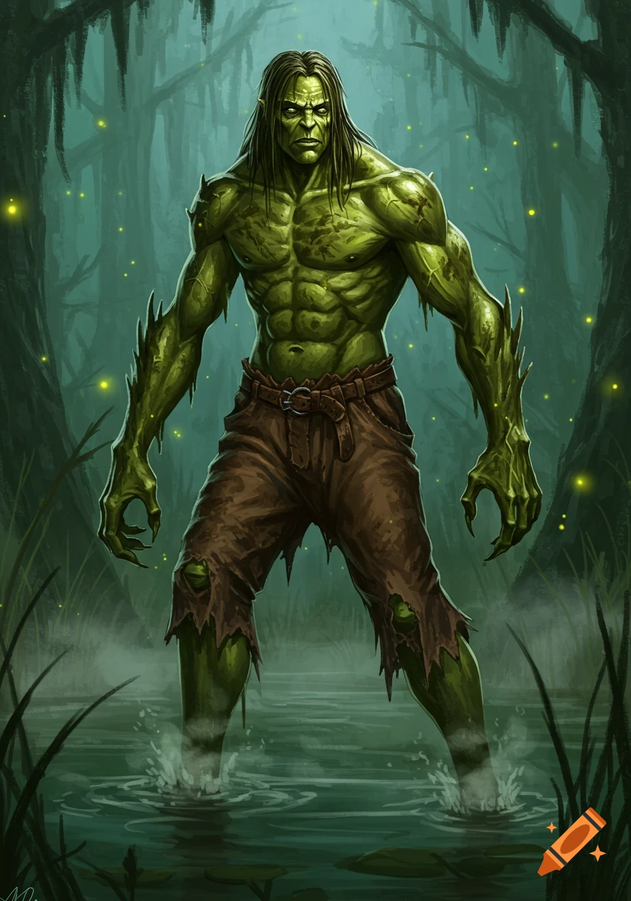 A muscular, green swamp monster with long hair and ripped brown pants stands in murky water in a dark, glowing forest.