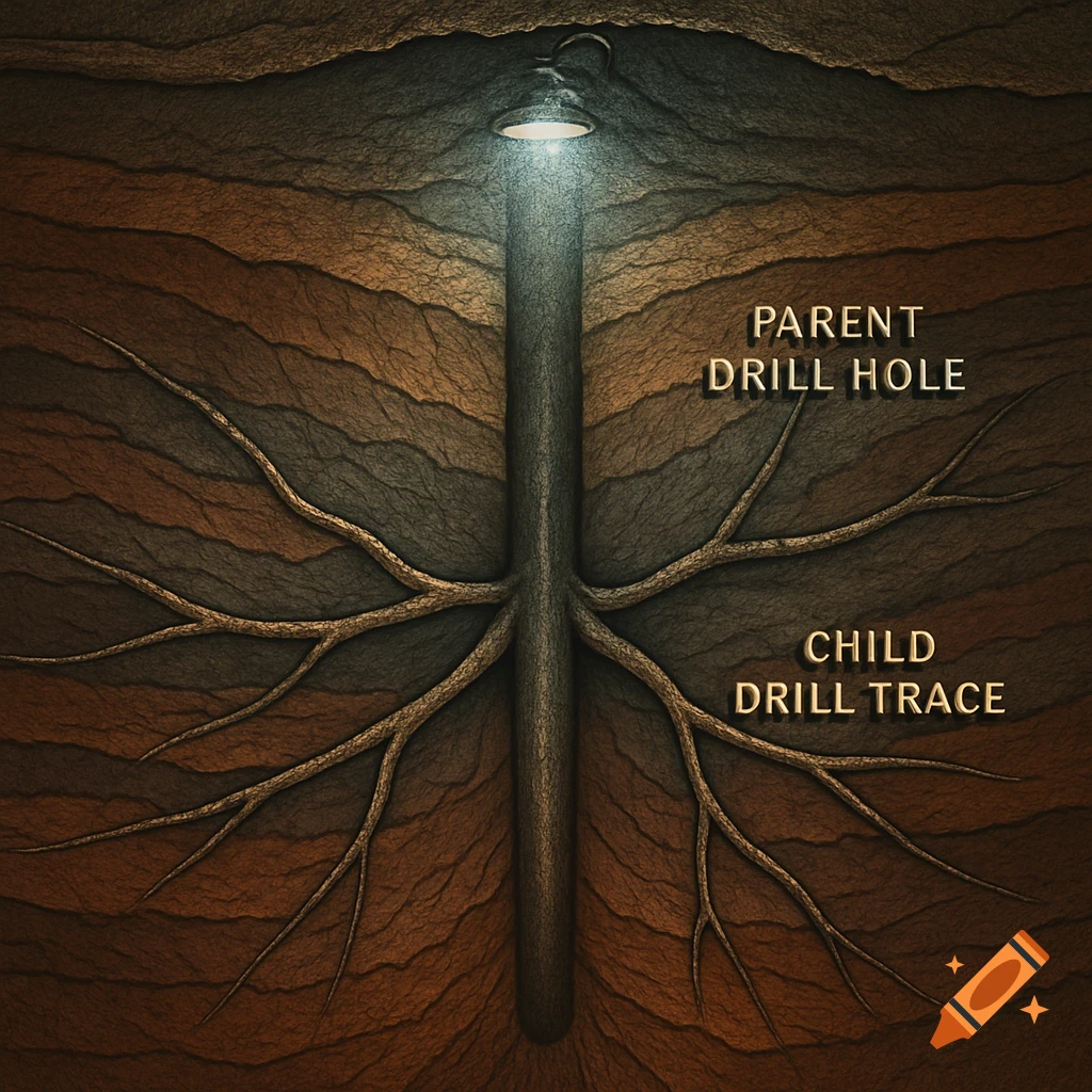 A cross-section diagram of ground showing a vertical parent drill hole with branching child traces, lit from above.