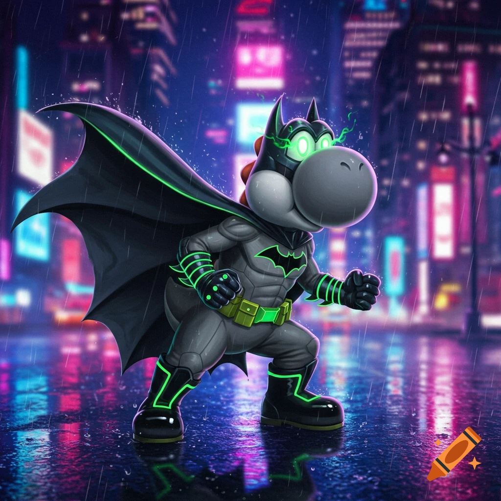 Yoshi in a gray Batman suit with glowing green eyes and neon details stands in the rain in a cyberpunk city at night.