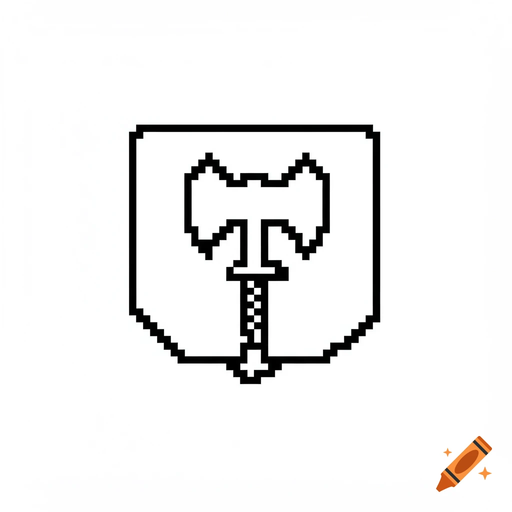 Black and white pixel art symbol of a double-bladed axe within a shield shape.