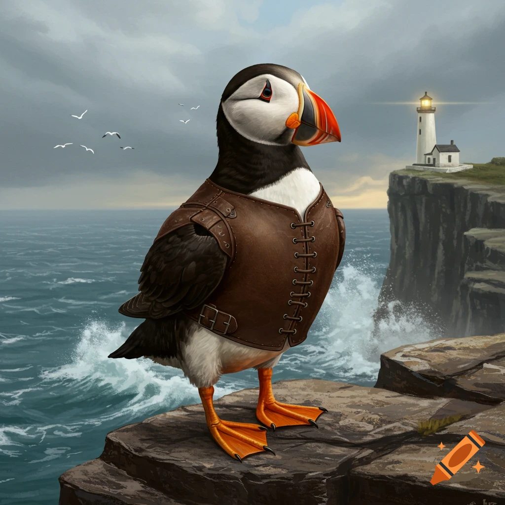 A puffin in a brown leather vest stands on a rocky cliff overlooking a stormy sea with a lighthouse in the distance.