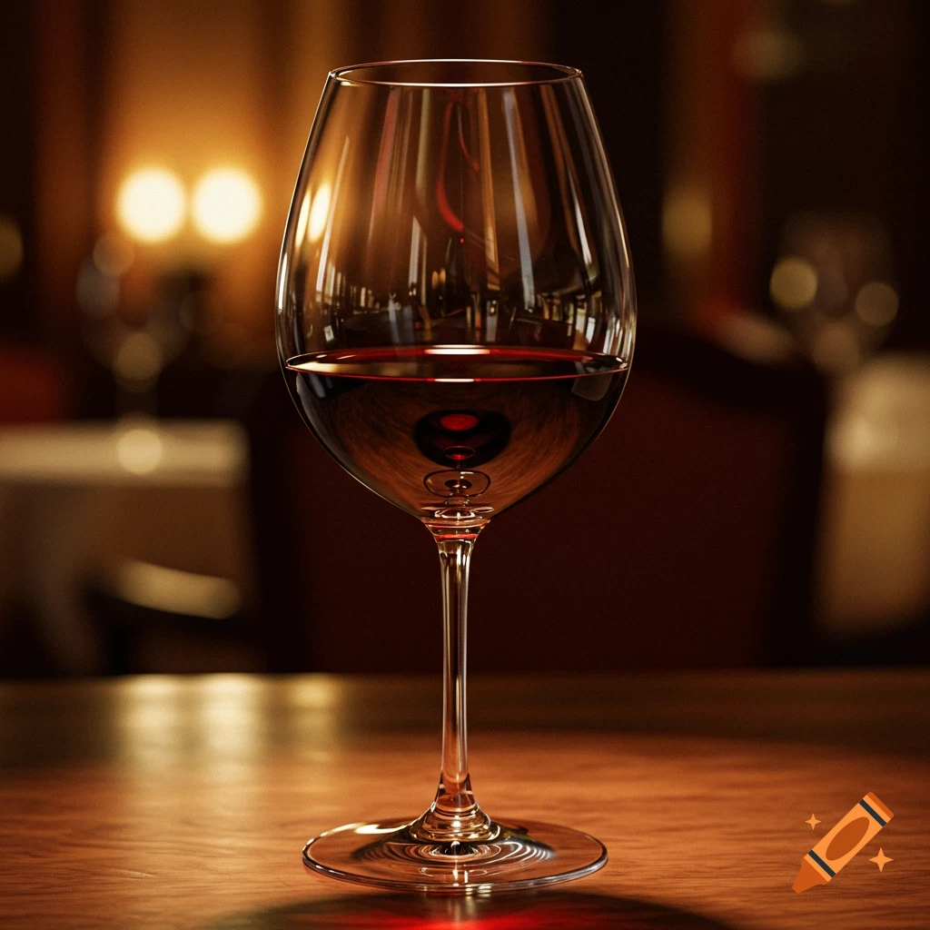 A close-up, photorealistic shot of a wine glass filled with red wine on a wooden table, with bokeh lights in the background.