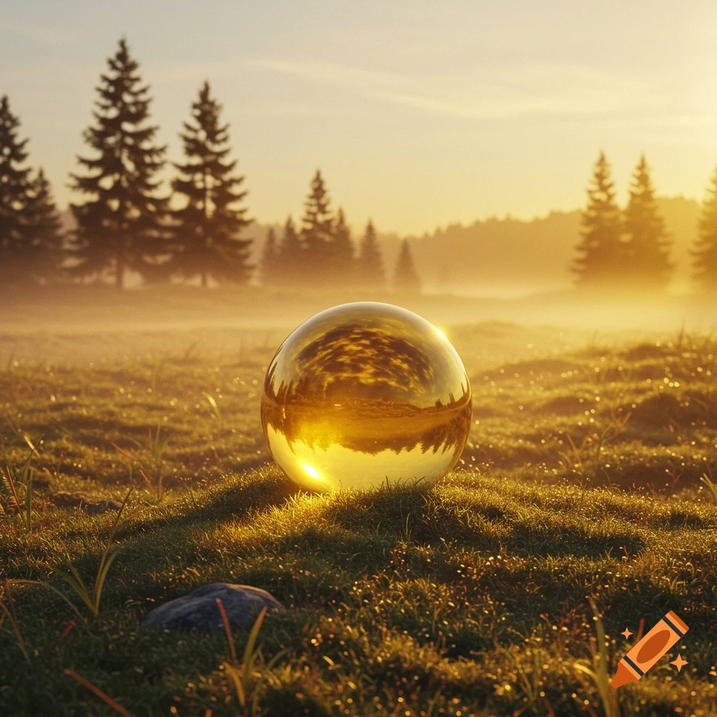 A golden reflective sphere sits in a misty, dewy green field with tall evergreen trees silhouetted against a golden sunset.