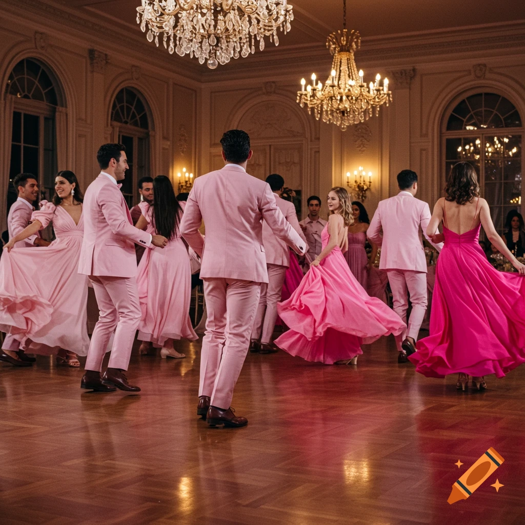 Men in pink suits and women in flowing pink dresses dance in a grand ballroom under chandeliers.