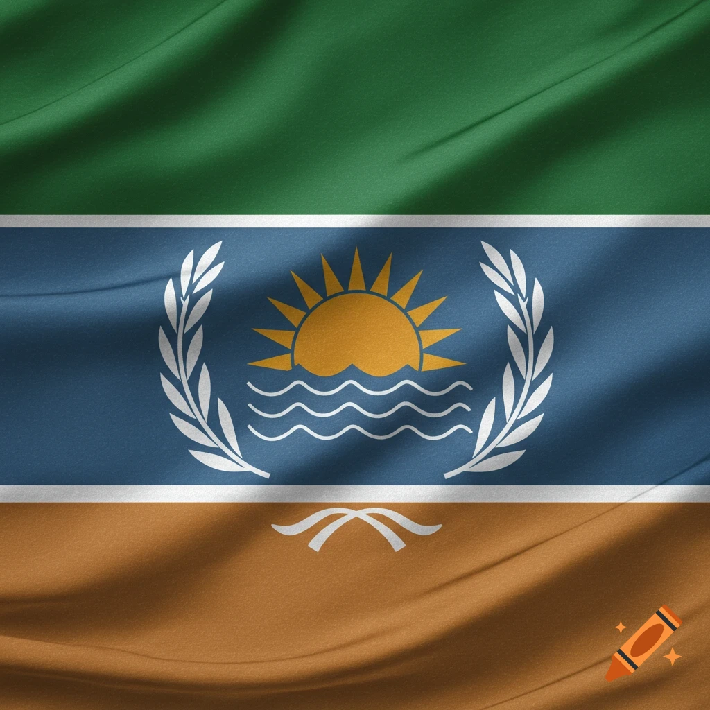 A waving flag with green, blue, and brown horizontal stripes. The blue stripe features a yellow sun over white waves, flanked by white olive branches.