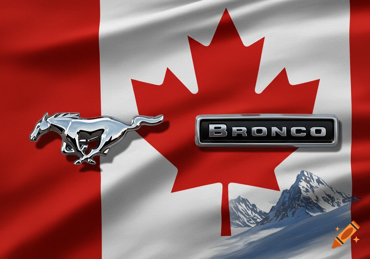 A Canadian flag background with a chrome Ford Mustang emblem and a chrome Ford Bronco emblem, with snowy mountains below.