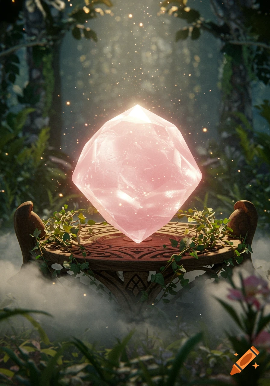 A glowing pink crystal sits on an ornate pedestal covered in vines, surrounded by shimmering particles in a mystical forest setting.
