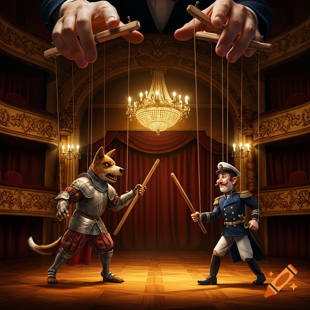 Giant hands control a dog-man puppet and a navy admiral puppet fighting with sticks on a lavish theater stage.