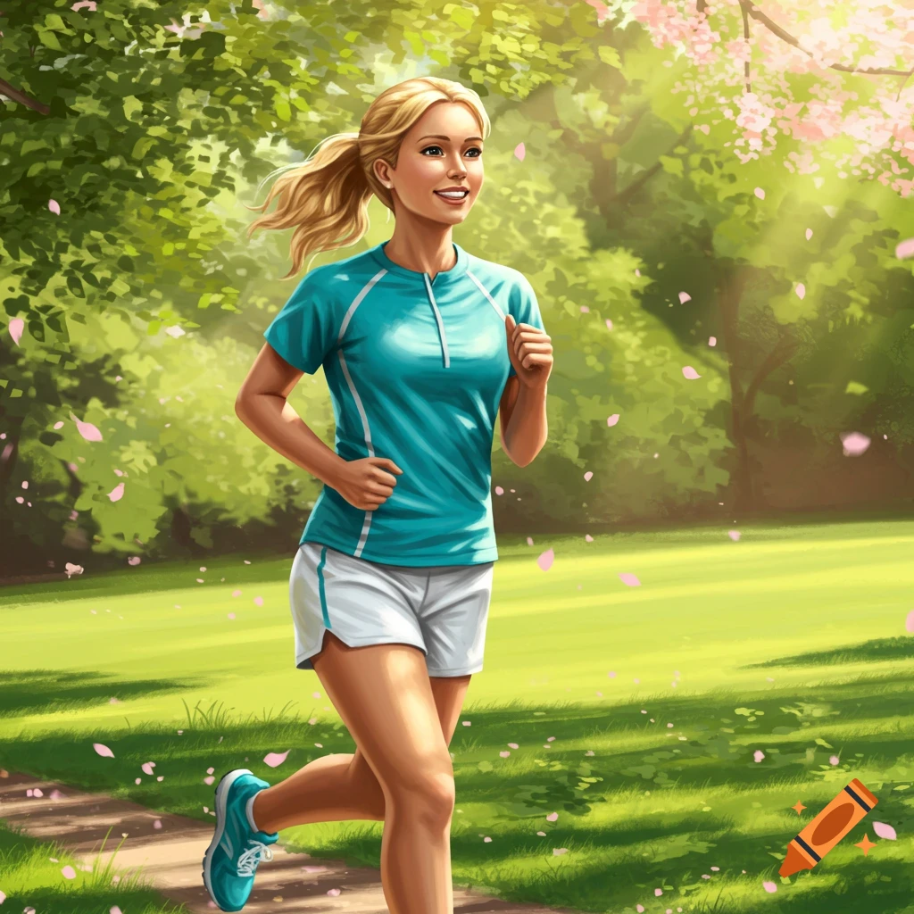 A blonde woman in a teal shirt and white shorts runs on a path through a sunny park with green trees and pink petals falling. Illustration style.