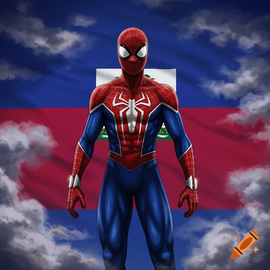 Spider-Man in his classic suit stands in front of a Haitian flag with clouds in the sky.