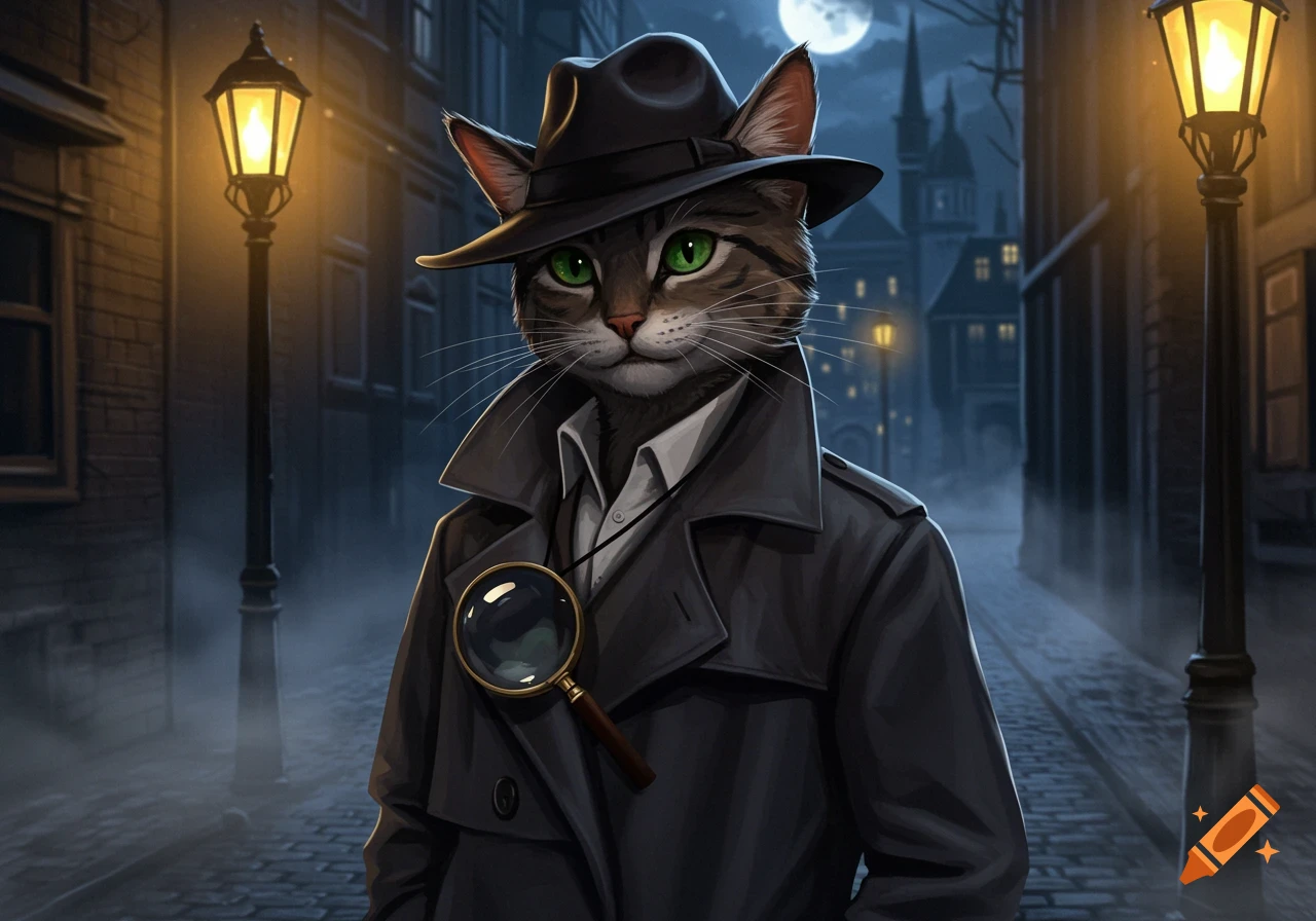 A stylized tabby cat detective in a trench coat and fedora, holding a magnifying glass, stands on a cobblestone street at night.